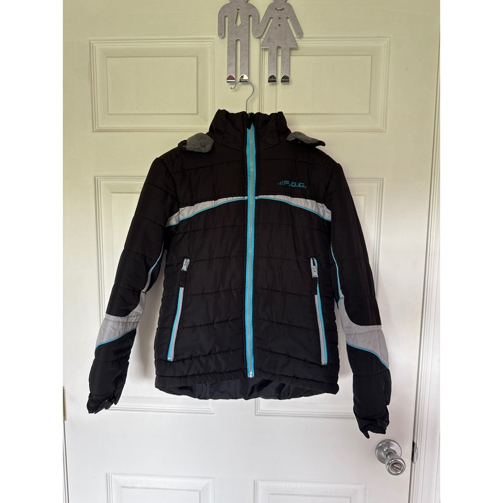 London Fog F.O.G. Kids Puffer Jacket Black Teal Grey Fleece Lined Hooded M 10-12